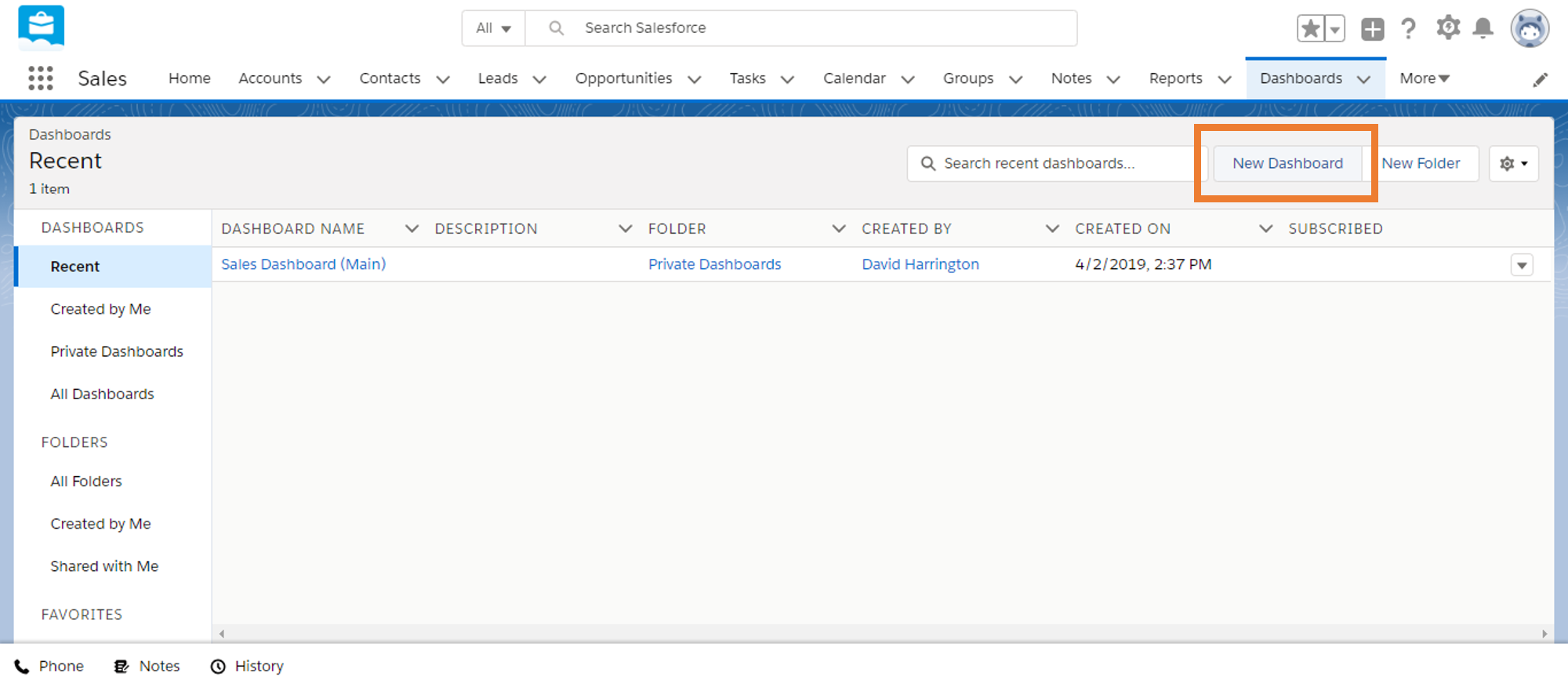 New Dashboard button in the top right of the Dashboard screen