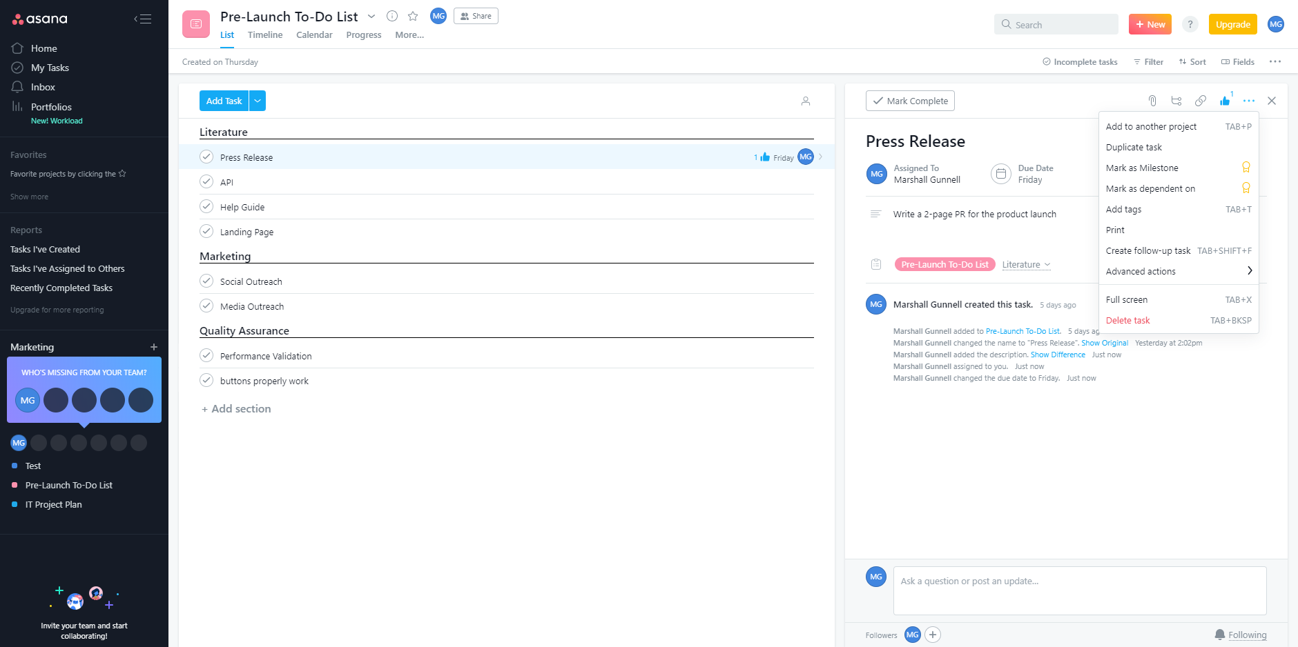 Asana task panel