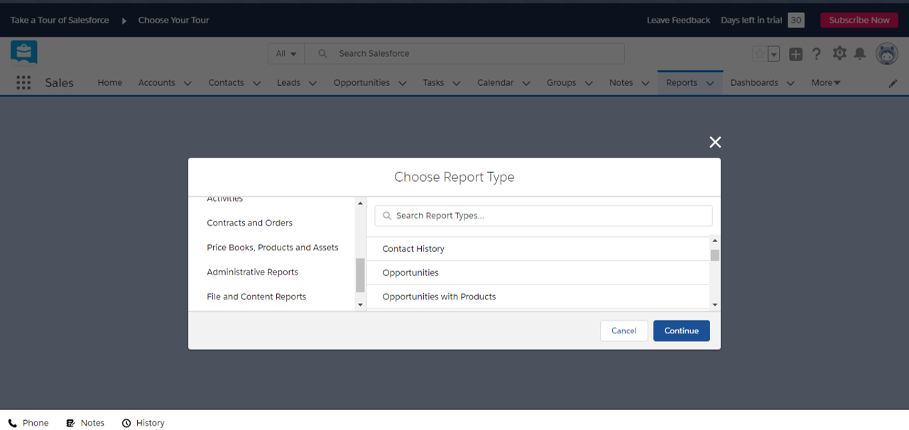 Overlay that lets you choose what type of report to run