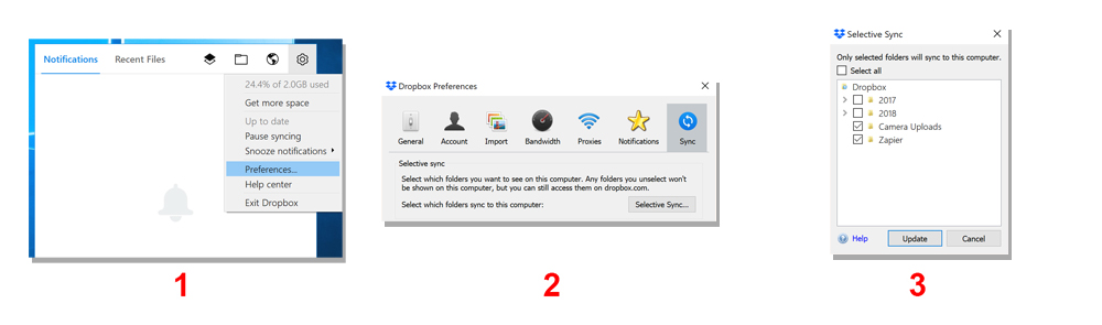 Steps to set up selective sync in Dropbox